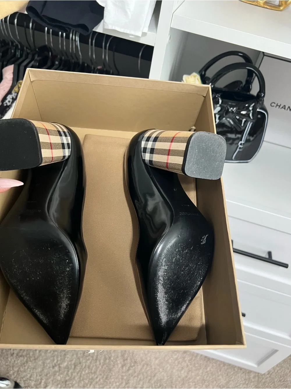 Burberry Black Patent Pointed Pumps with Signature Check Block Heel - Picture 8 of 8